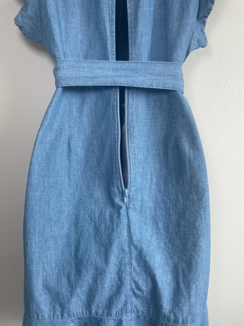Topshop US 8 Chambray Denim Look Wrap Dress Flutter Sleeve Belted Midi Blue - Picture 8 of 11